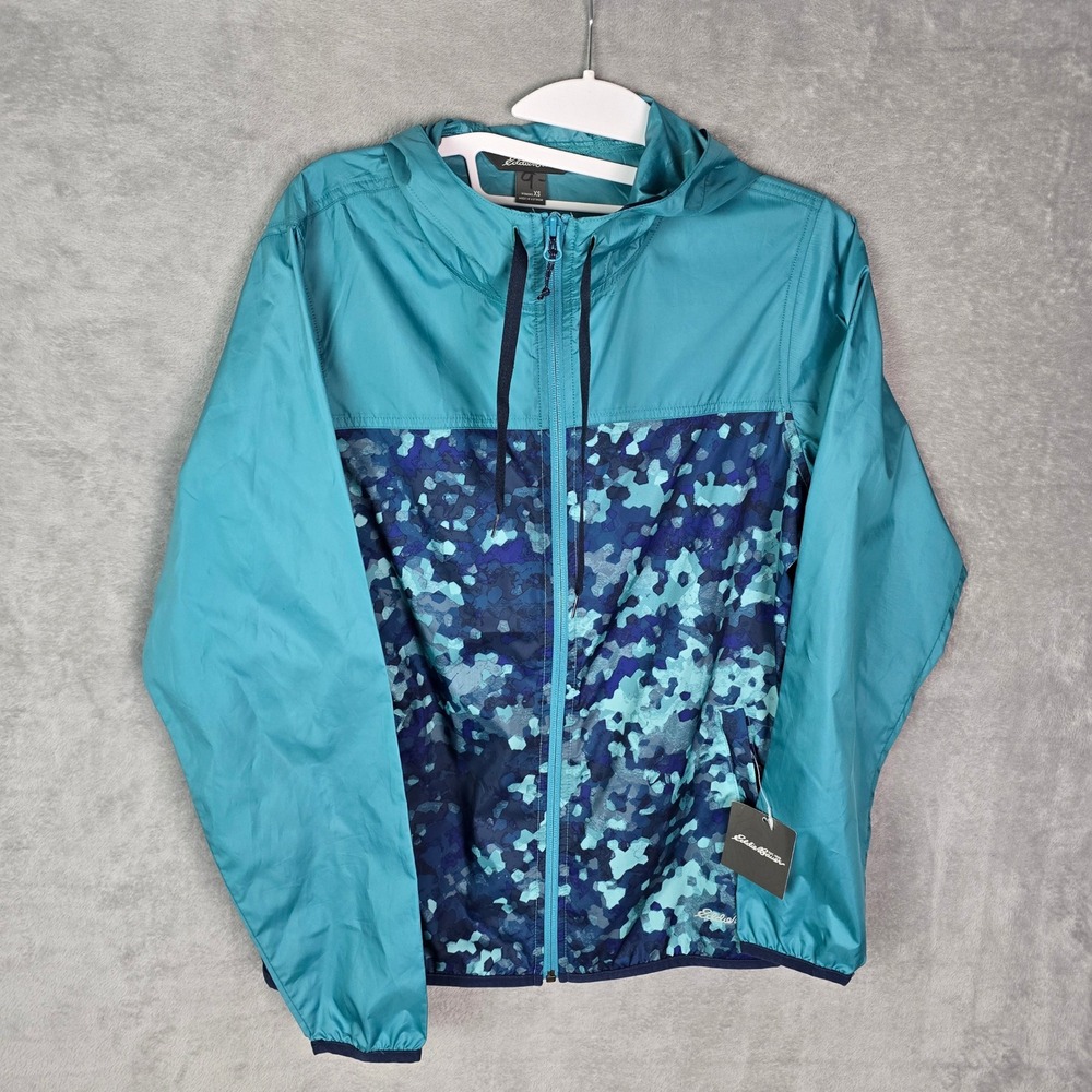 Eddie Bauer Womens XS Momentum Light UPF Rain Jacket Teal Blue Camo Windbreaker